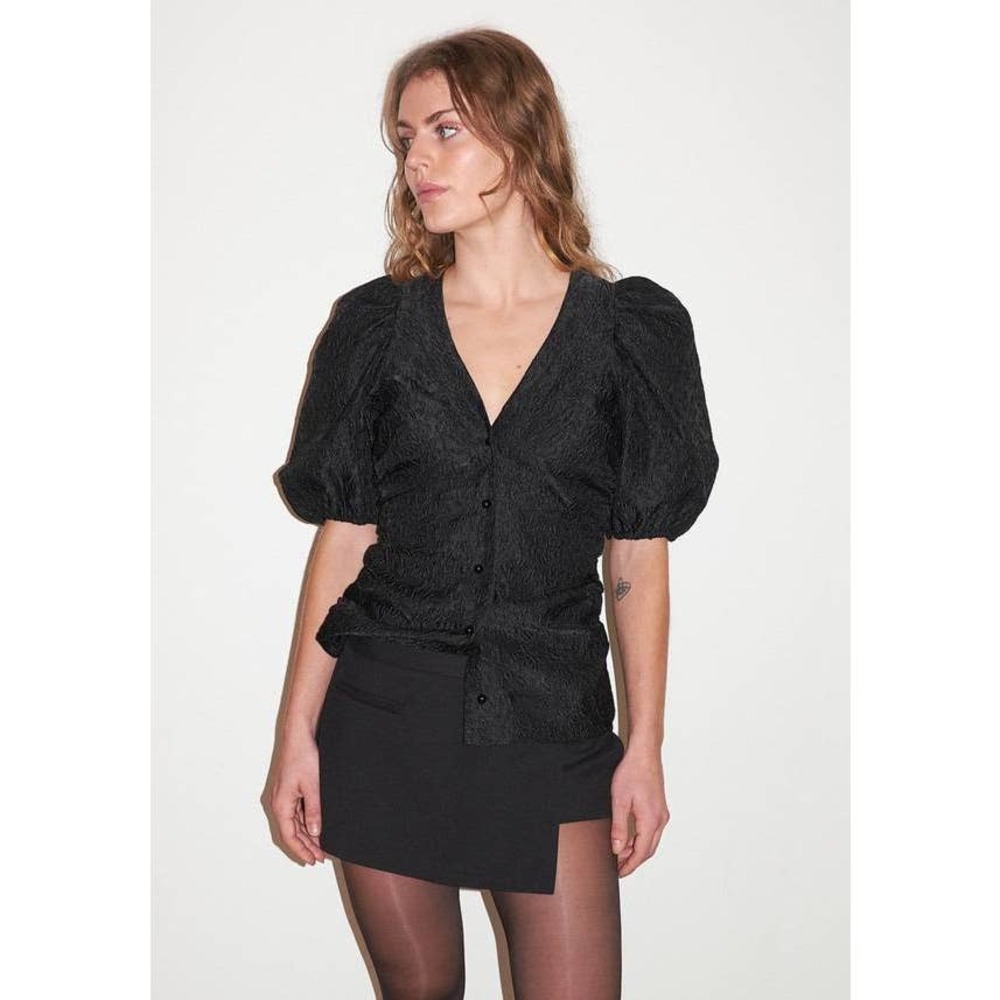 GANNI Jacquard Gathered V-neck Blouse – Black (Size 38/M)